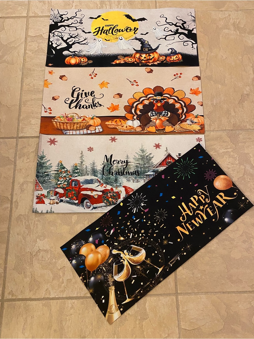 NEW set of 4 seasonal doormat inserts Halloween Thanksgiving Christmas New Year